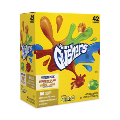 Fruit Gushers Fruit Snacks, Strawberry And Tropical Fruit Flavors, 0.8 Oz, 42 Pouches/Carton