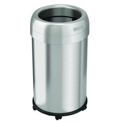 Open Top Trash Can With Wheels, Round, 13 Gal, Plastic/Stainless Steel, Silver