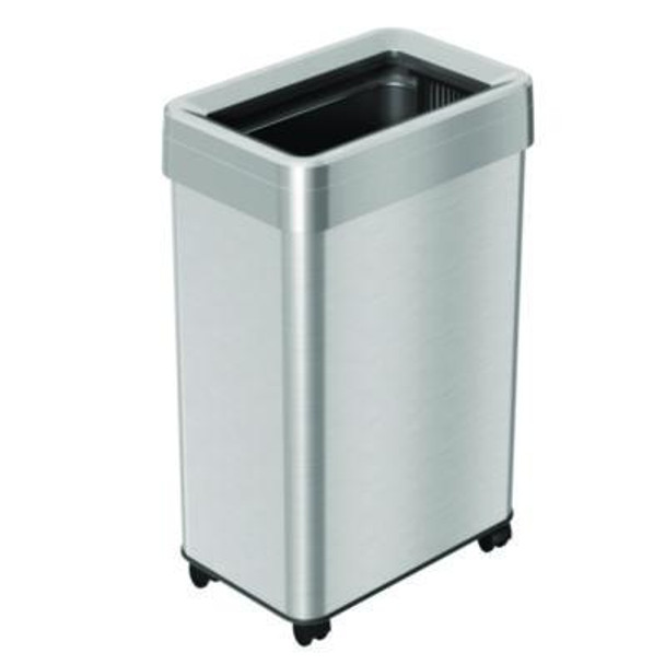 Open Top Trash Can With Wheels, Rectangular, 16 Gal, Plastic/Stainless Steel, Silver