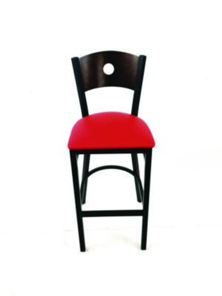 Circle Series Barstool, Supports Up To 300 Lb, 28.5" Seat Height, Red Seat, Dark Walnut Back, Black Base