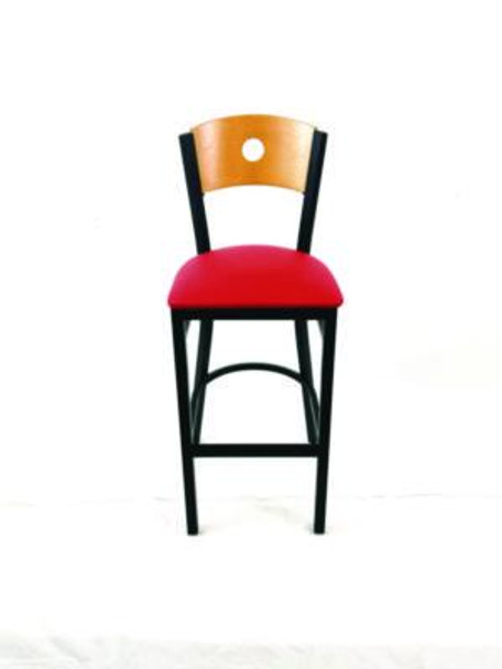 Circle Series Barstool, Supports Up To 300 Lb, 28.5" Seat Height, Red Seat, Natural Back, Black Base