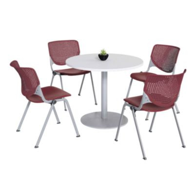 Pedestal Table With Four Burgundy Kool Series Chairs, Round, 36" Dia x 29h, Designer White