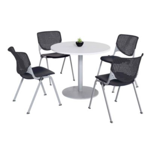 Pedestal Table With Four Black Kool Series Chairs, Round, 36" Dia x 29h, Designer White