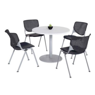 Pedestal Table With Four Black Kool Series Chairs, Round, 36" Dia x 29h, Designer White