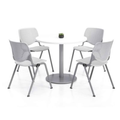 Pedestal Table With Four Light Gray Kool Series Chairs, Round, 36" Dia x 29h, Designer White