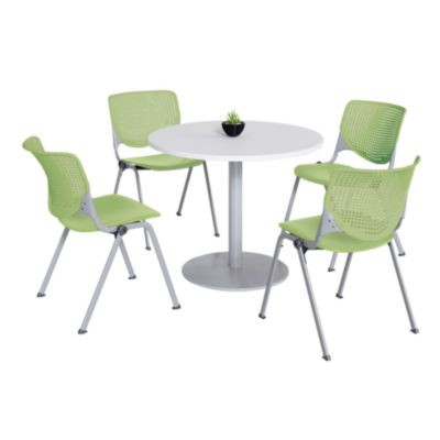 Pedestal Table With Four Lime Green Kool Series Chairs, Round, 36" Dia x 29h, Designer White