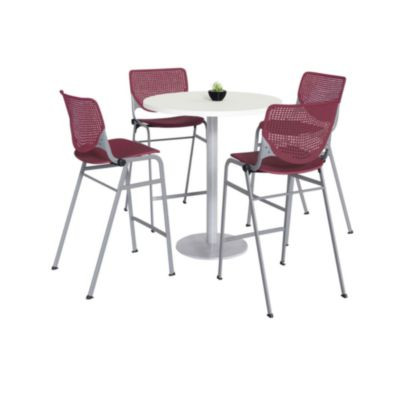 Pedestal Bistro Table With Four Burgundy Kool Series Barstools, Round, 36" Dia x 41h, Designer White