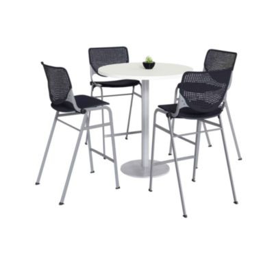 Pedestal Bistro Table With Four Black Kool Series Barstools, Round, 36" Dia x 41h, Designer White