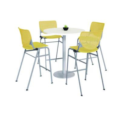 Pedestal Bistro Table With Four Yellow Kool Series Barstools, Round, 36"Dia x 41h, Designer White