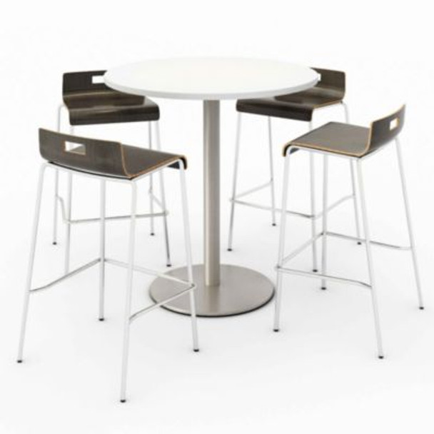 Pedestal Bistro Table With Four Espresso Jive Series Barstools, Round, 36" Dia x 41h, Designer White