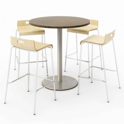 Pedestal Bistro Table With Four Natural Jive Series Barstools, Round, 36" Dia x 41h, Studio Teak