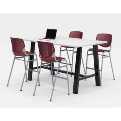 Midtown Bistro Dining Table With Four Burgundy Kool Barstools, 36 x 72 x 41, Designer White