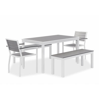 Eveleen Outdoor Dining Table Set, 55" x 35" x 29" Rectangular Table, 2 Benches, 2 Armchairs, Gray/White