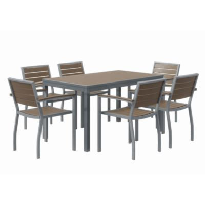 Eveleen Outdoor Patio Table With Six Mocha Powder-Coated Polymer Chairs, 32 x 55 x 29, Mocha