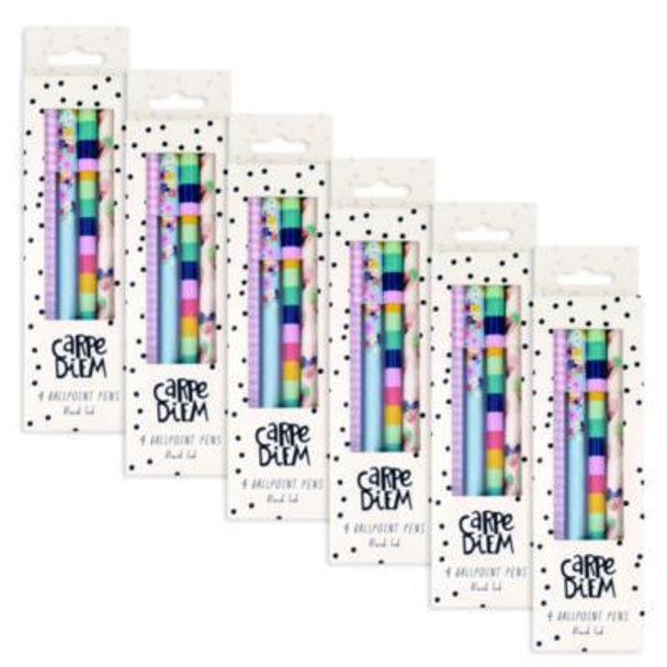 Carpe Diem Ballpoint Pen, Stick, Medium 0.7 Mm, Black Ink, Assorted Ditzy Floral Barrel Patterns 4 Pens/Pack, 6 Packs/Box