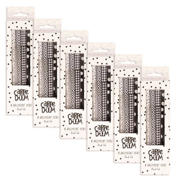 Carpe Diem Ballpoint Pen, Stick, Medium 0.7 Mm, Black Ink, Assorted Geometric Barrel Patterns, 4 Pens/Pack, 6 Packs/Box