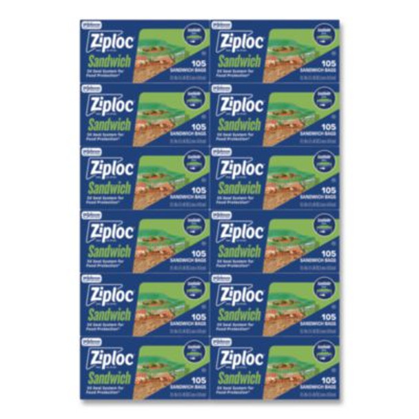 Resealable Sandwich Bags, 6.5" x 5.88", Clear, 105 Bags/Box, 12 Boxes/Carton