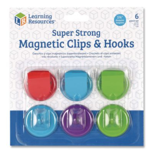 Super Strong Magnetic Clips And Hooks, Small, 1.5" Diameter, Assorted Colors, 3 Clips/3 Hooks