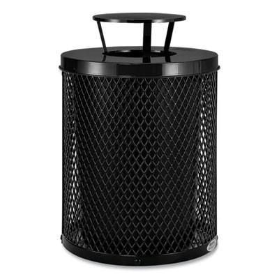 Outdoor Diamond Steel Trash Can, Rain Bonnet Lid, 36 Gal, Black