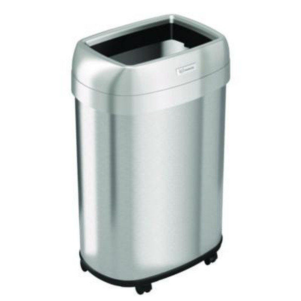 Open Top Trash Can With Wheels, Oval, 13 Gal, Plastic/Stainless Steel, Silver