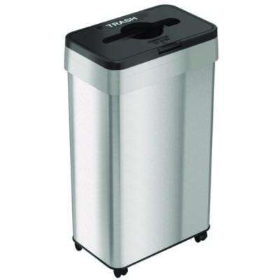 Open Top Trash Bin With Wheels And Color-Coded Lid, 21 Gal, Plastic/Stainless Steel, Silver/Black