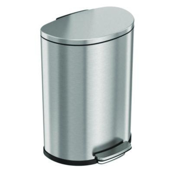 Step Pedal Trash Can, 13 Gal, Half-Round Plastic/Stainless Steel, Silver
