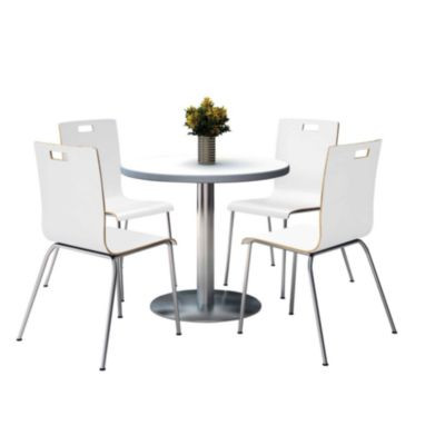 Pedestal Table With Four White Jive Series Chairs, Round, 36" Dia x 29h, Crisp Linen