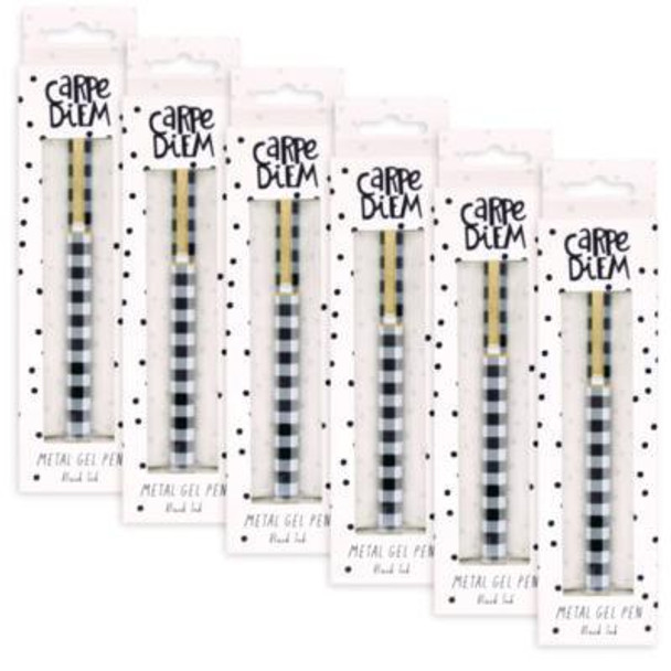 Carpe Diem Metal Gel Pen, Stick, Medium 0.7 Mm, Black Ink, Black/White Check Barrel, 6/Pack