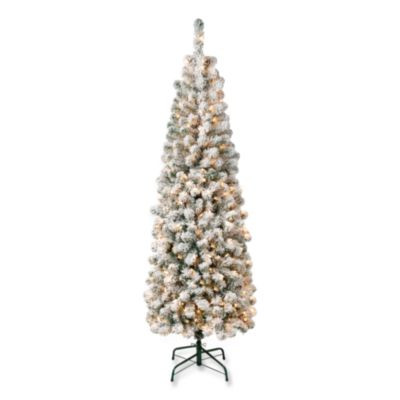 Pre-Lit Acacia Flocked Slim Tree, 24" x 24" x 70.8", Green Tree, Green Tree Stand