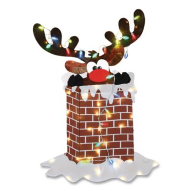 Pre-Lit Reindeer Stuck In Chimney Decoration, Ac Powered, Blue/Green/Red/Yellow Led Lights, 12" x 33" x 47", Red