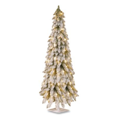 Pre-Lit Snowy Downswept Forest Slim Tree, 19" x 19" x 60", Green Tree, White Square Metal Plate