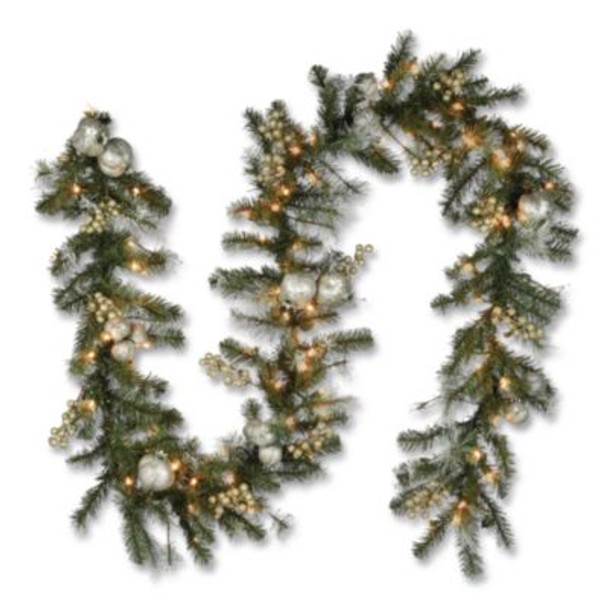 Pre-Lit Glittery Pine Pomegranate Garland, Ac Powered, Clear Incandescent Lights, 108" Long, Green