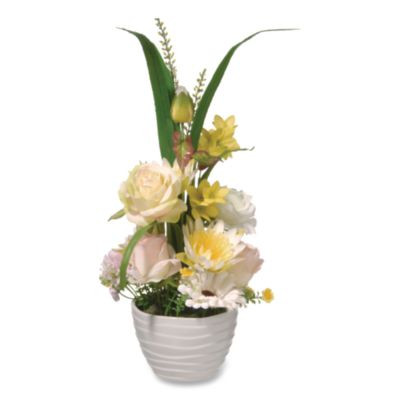 Spring White Daises And Roses Flowerpot, 9" x 9" x 17", White Flowers, White Pot