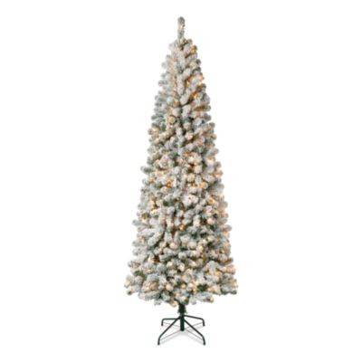 Pre-Lit Acacia Medium Flocked Tree, 34" x 34" x 89", Green Tree, Green Tree Stand