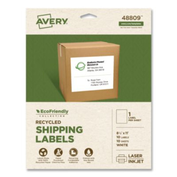 Ecofriendly Recycled Shipping Labels, Inkjet/Laser, 8.5 x 11, White, 1/Sheet, 10/Pack