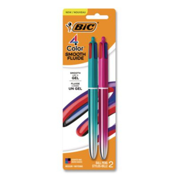 4-Color Smooth Multi-Color Ballpoint Pen, Retractable, Medium 1 Mm, Black/Blue/Purple/Red Ink, Assorted Barrel Colors, 2/Pack