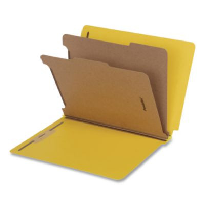 Heavy-Duty Pressboard End Tab Classification Folders, Expands 2", 2 Dividers, 6 Fasteners, Letter Size, Yellow, 10/Box