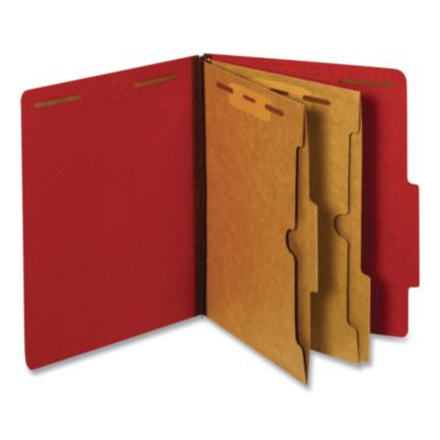 Heavy-Duty Pressboard Classification Folder, Expands 2.5", 2 Full-Pocket Dividers, 6 Fasteners, Letter Size, Red, 10/Box