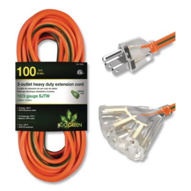 12 Awg 3-Outlet Heavy-Duty Extension Cord, 100 Ft, 15 A, Orange