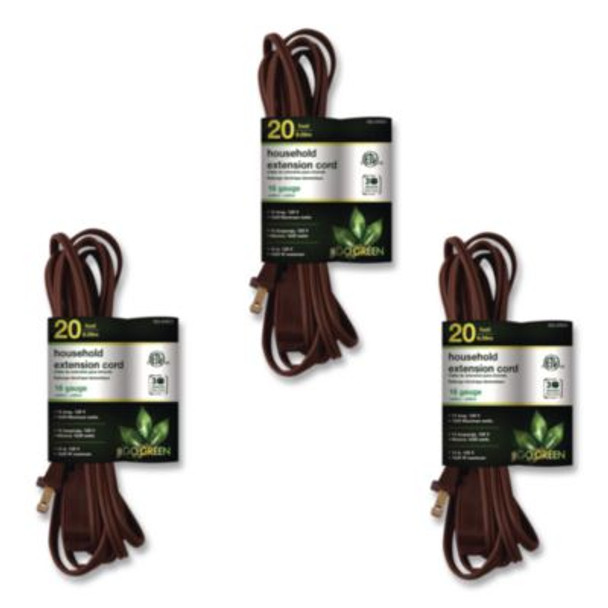 Household Extension Cord, 20 Ft, 13 A, Brown, 3/Pack