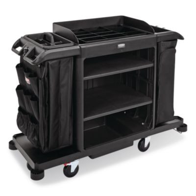Full Size Housekeeping Cart With Accessory Bundle, Resin, 3 Shelves, 2 Bins, 24.4 x 62.4 x 49, Black