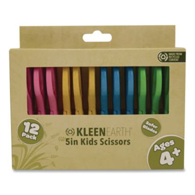 Kleenearth Rice Husk Kids Scissors, Blunt Tip, 5" Long, Straight Assorted Color Handles, 12/Pack