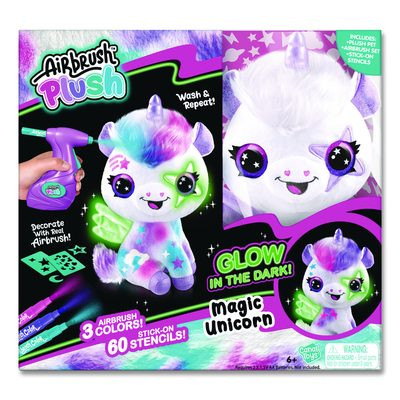 Airbrush Plush Glow-In-The-Dark Unicorn With Airbrush Tool, (3) Washable Ink Tubes And (60) Stick-On Stencils, Ages 6 And Up