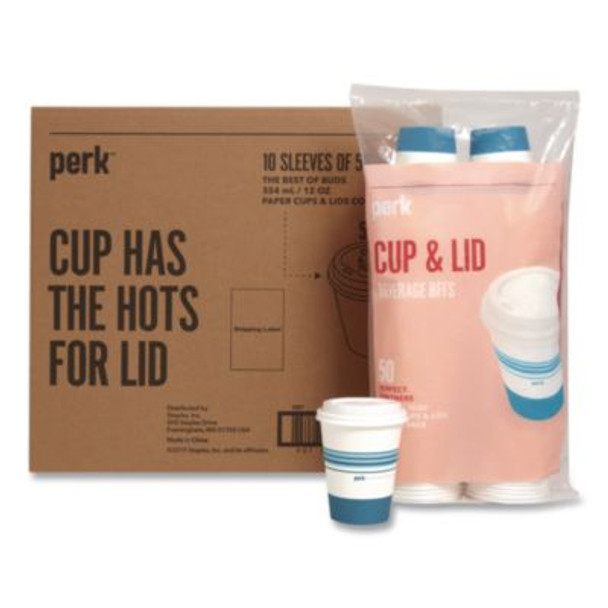 Paper Hot Cup And Plastic Dome Lid Combo, 12 Oz, White/Blue, 500/Carton