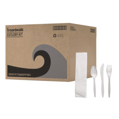Four-Piece Cutlery Kit, Mediumweight, Fork/Knife/Napkin/Spoon, Plastic, White, 250/Carton