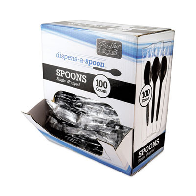 Dispens-a Spoon, Individually Wrapped, Mediumweight Spoon, Plastic, Black, 100/Box