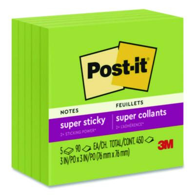 Super Sticky Pads In Energy Boost Collection Colors, 3 x 3, Limeade, 90 Sheets/Pad, 5 Pads/Pack