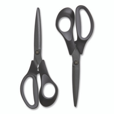 Non-Stick Titanium-Coated Scissors, 8" Long, 3.86" Cut Length, Straight Black/Gray Handle, Charcoal Black Blades, 2/Pack