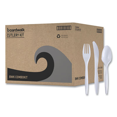 Three-Piece Cutlery Kit, Mediumweight, Fork/Knife/Spoon, Plastic, White, 250/Carton