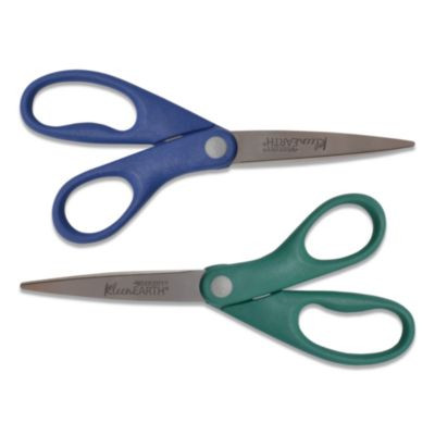 Kleenearth Rice Husk Scissors, Pointed Tip, 8" Long, Straight Blue/Green Handle, 2/Pack